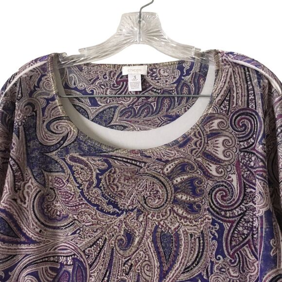 Chico's Women's Velvet Top Sweater Size 3 Paisley Floral Boho Metallic Embellish - Picture 4 of 10